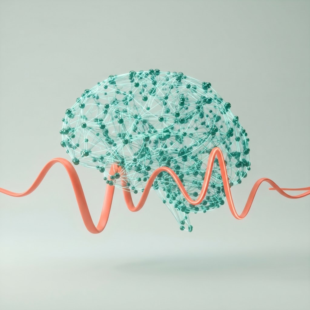 Abstract render of a neural network brain model with a flowing EEG-like biosignal waveform