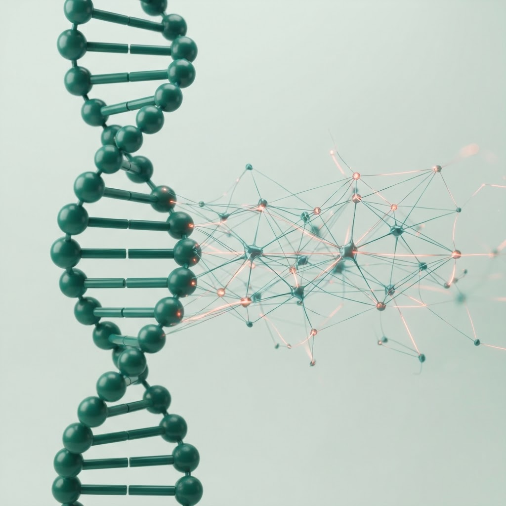 Abstract render of a DNA helix dissolving into a glowing computational neural network