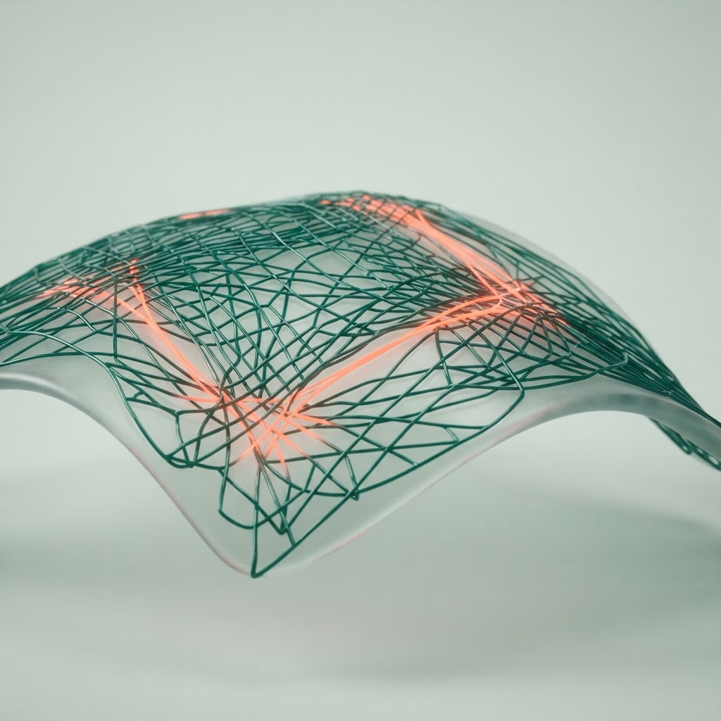 Abstract render of a keratin filament mesh under mechanical tension across a curved tissue membrane