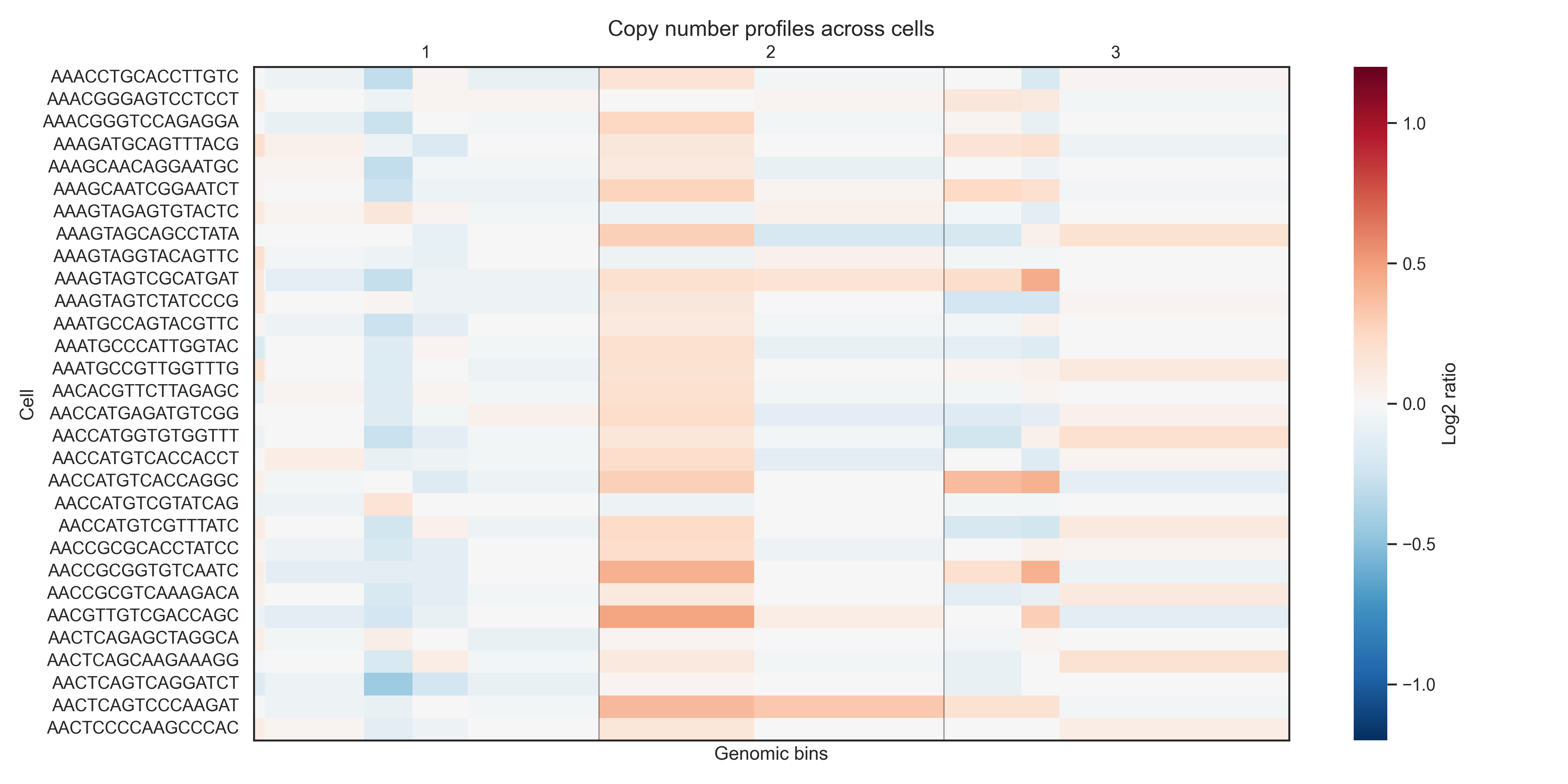 Single-cell copy number heatmap showing clonal chromosomal amplifications in the HCC1954 breast cancer model